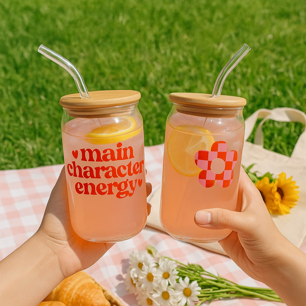 Two hands holding pink lemonade jars with strawlers on a picnic blanket with food and flowers.